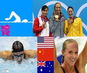 Puzzle Κολύμβηση γυναικών 100 μέτρα πεταλούδα πόντιουμ, Dana Vollmer (Ηνωμένες Πολιτείες), Lu Γινγκ (Κίνα) και Alicia Coutts (Αυστραλία) - London 2012-